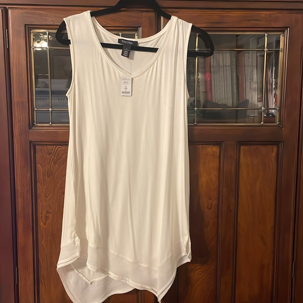 White House Black Market: White Asymmetrical Tank with cute chiffon hem.